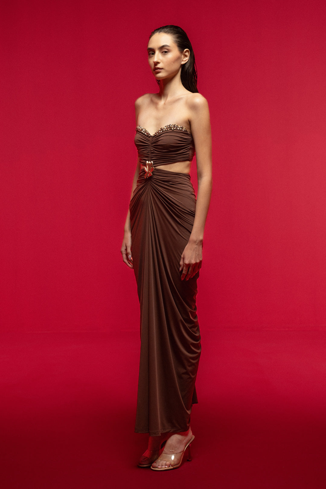 DRAPED BROWN MAXI DRESS WITH SIDE CUT-OUTS