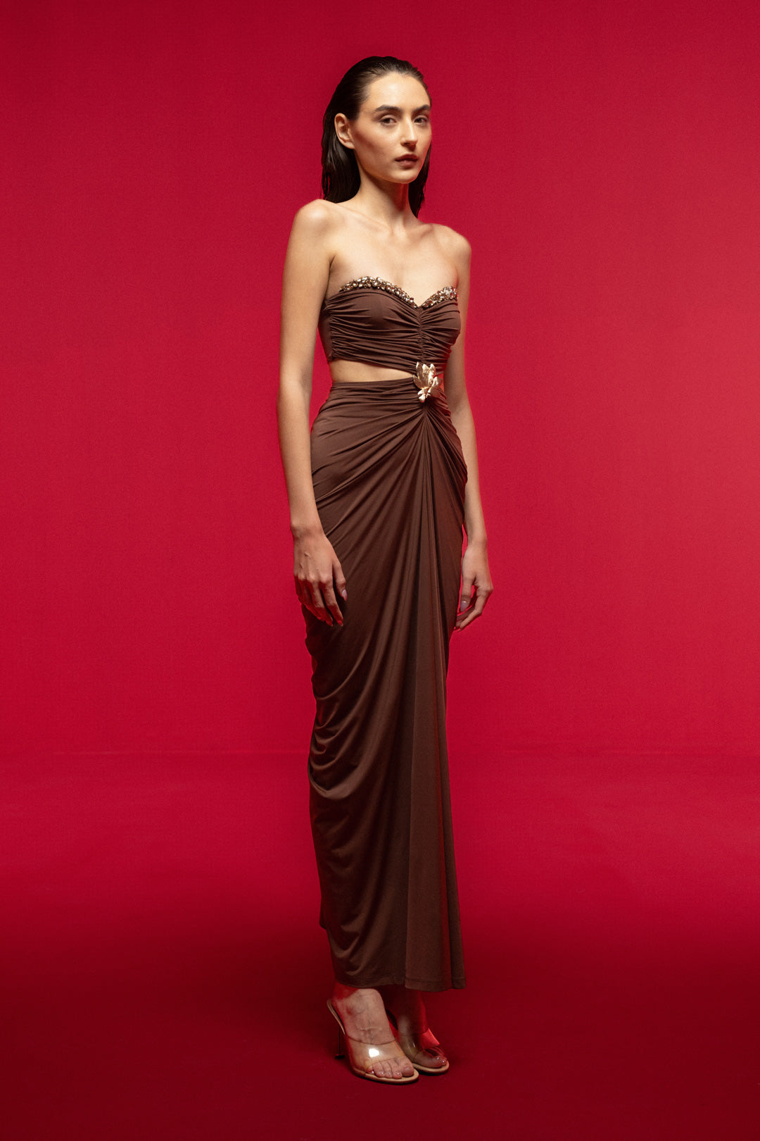 DRAPED BROWN MAXI DRESS WITH SIDE CUT-OUTS