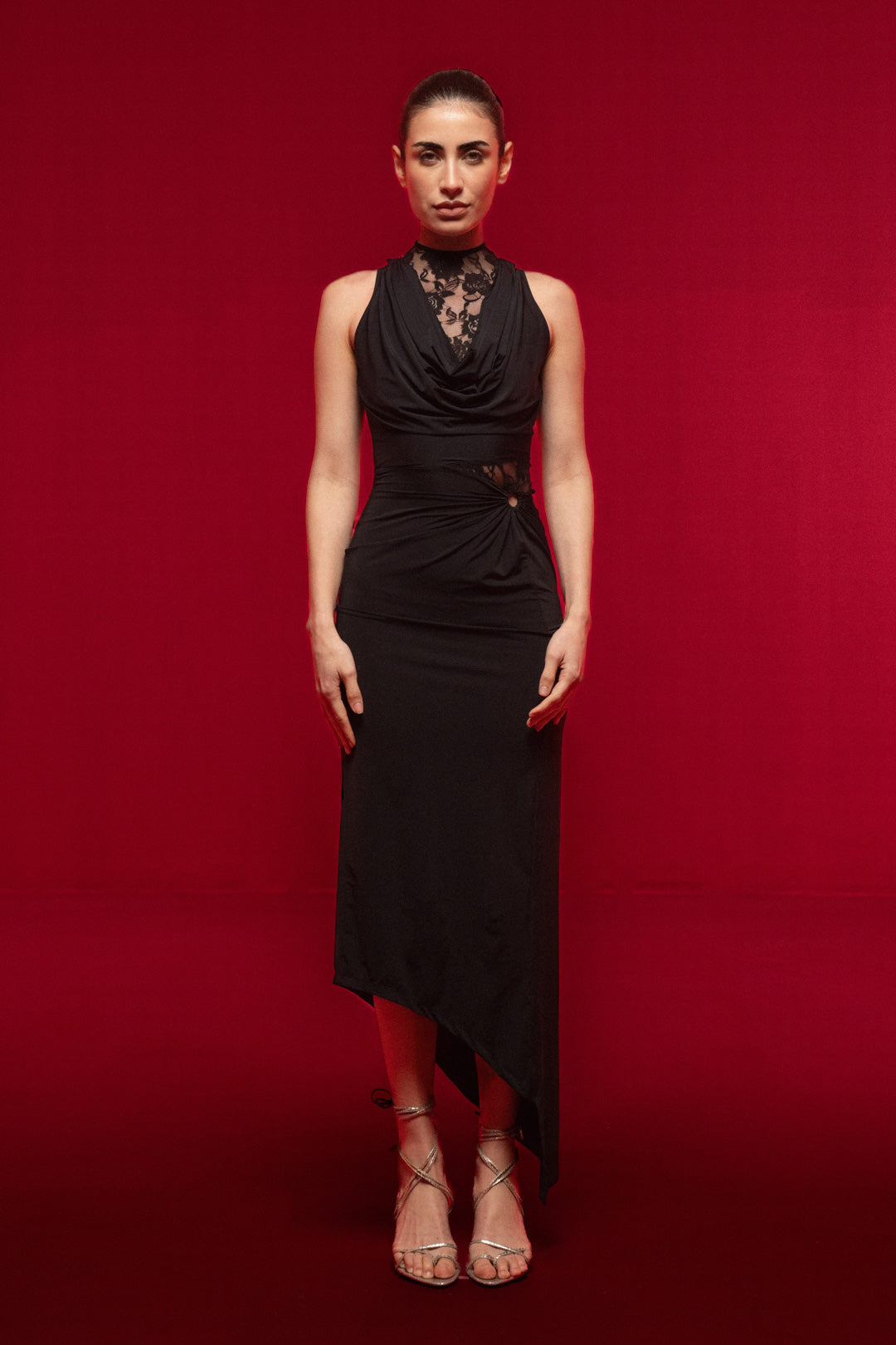 BLACK HALTER LACE MIDI DRESS