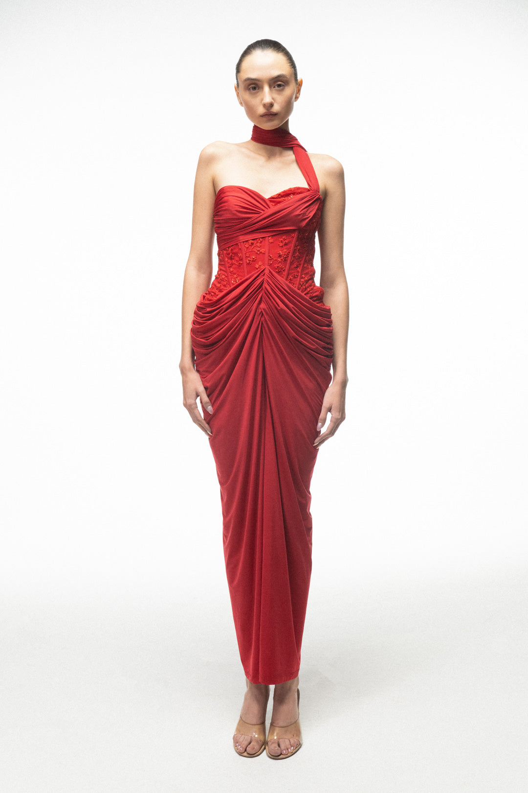 RED DRAPED MAXI DRESS WITH NECK WRAP