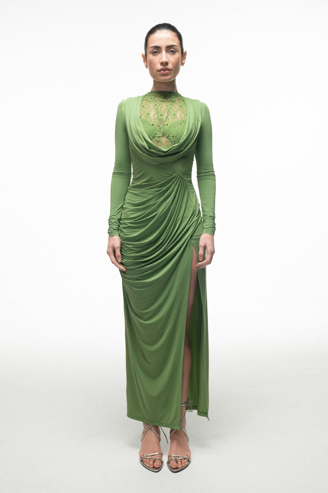 GREEN LACE PANEL DRAPED MAXI DRESS