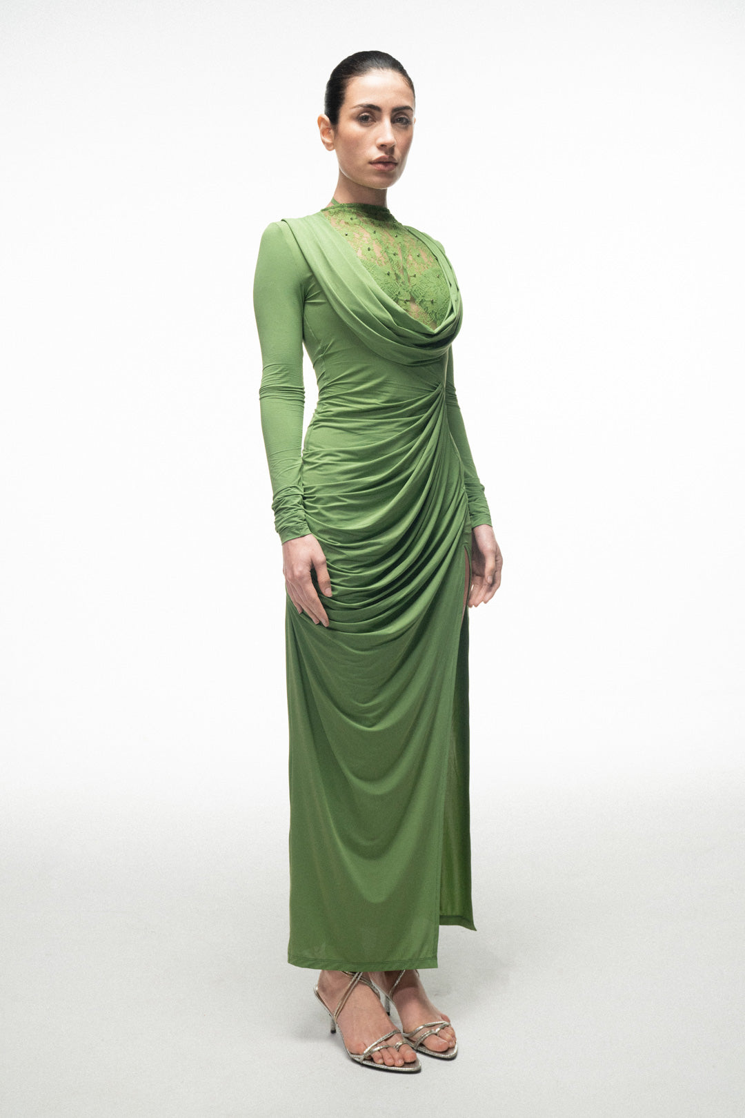 GREEN LACE PANEL DRAPED MAXI DRESS