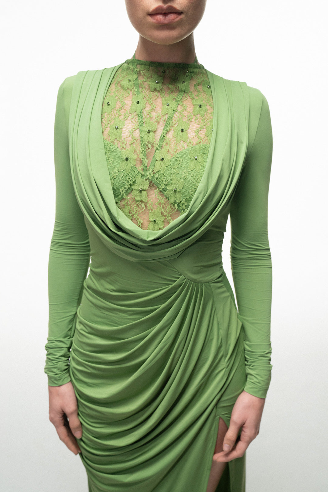 GREEN LACE PANEL DRAPED MAXI DRESS