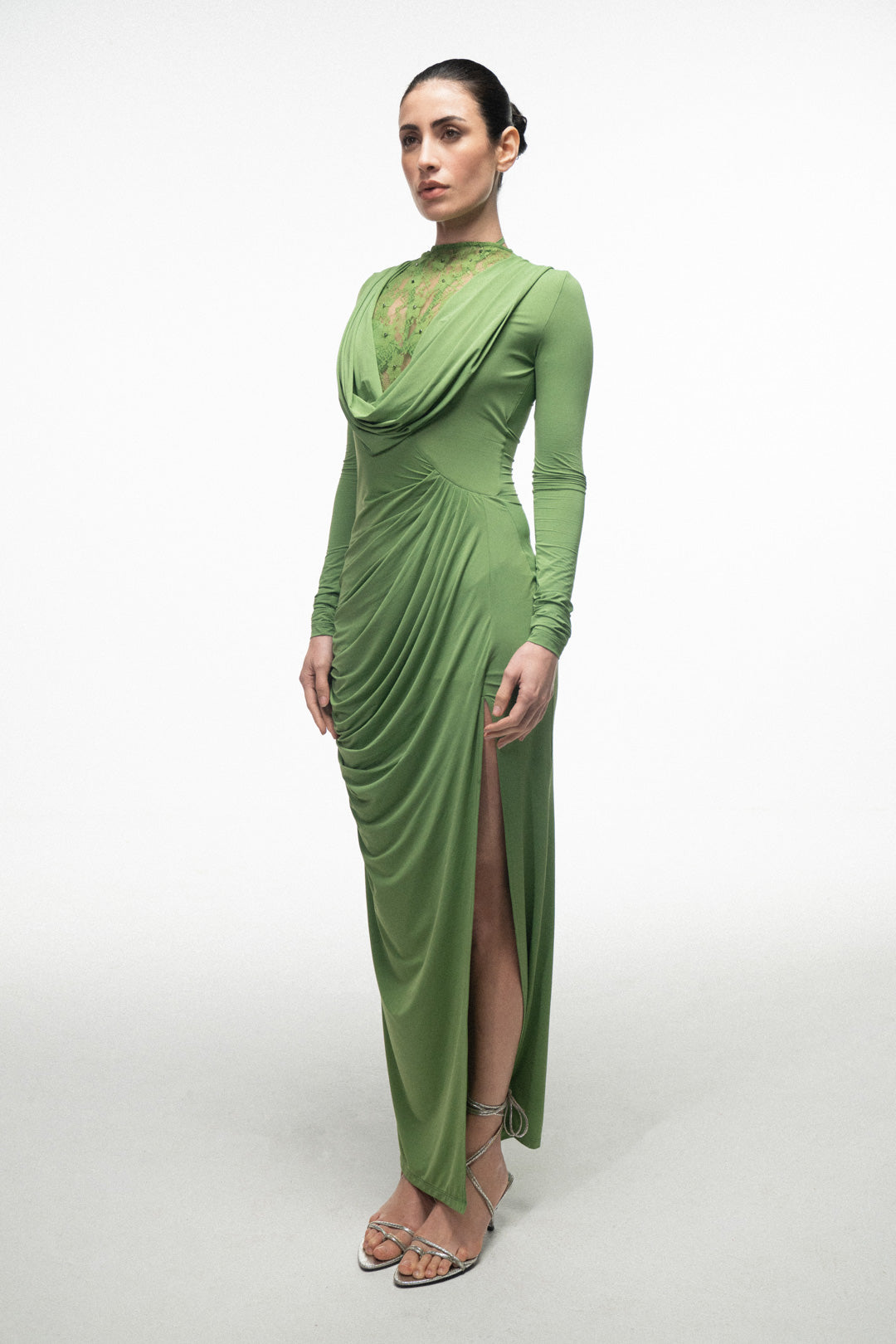 GREEN LACE PANEL DRAPED MAXI DRESS
