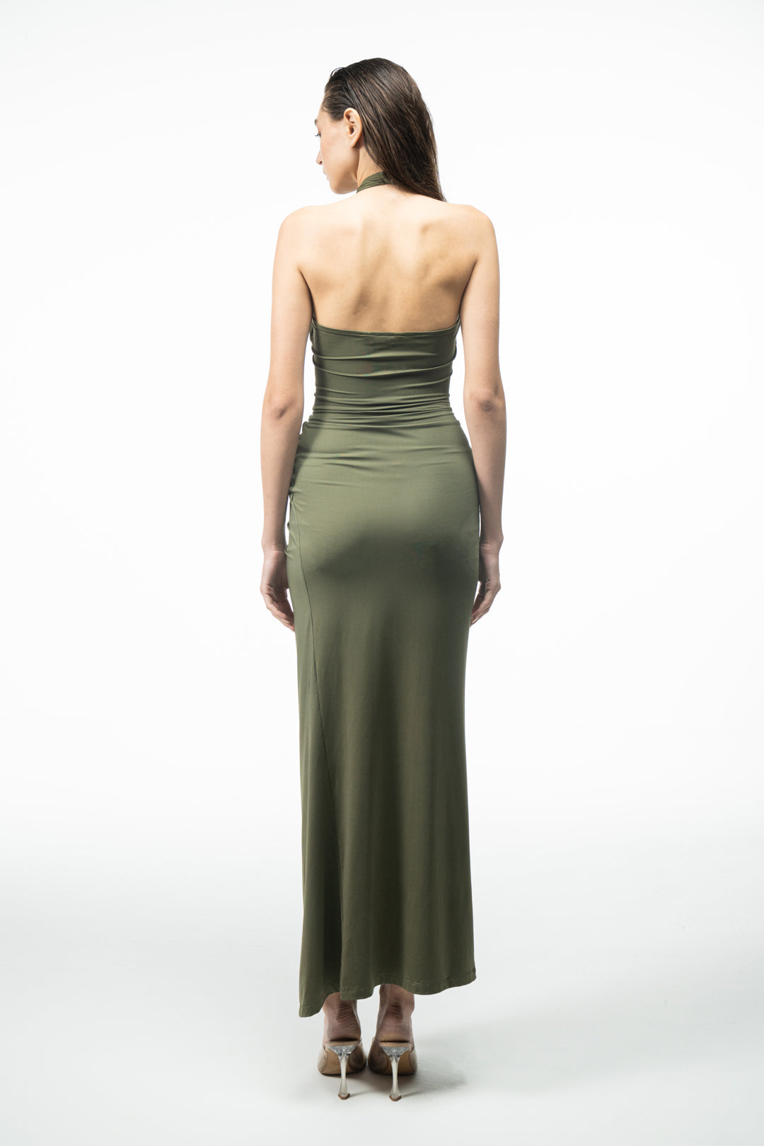 OLIVE DRAPED HALTER MAXI DRESS