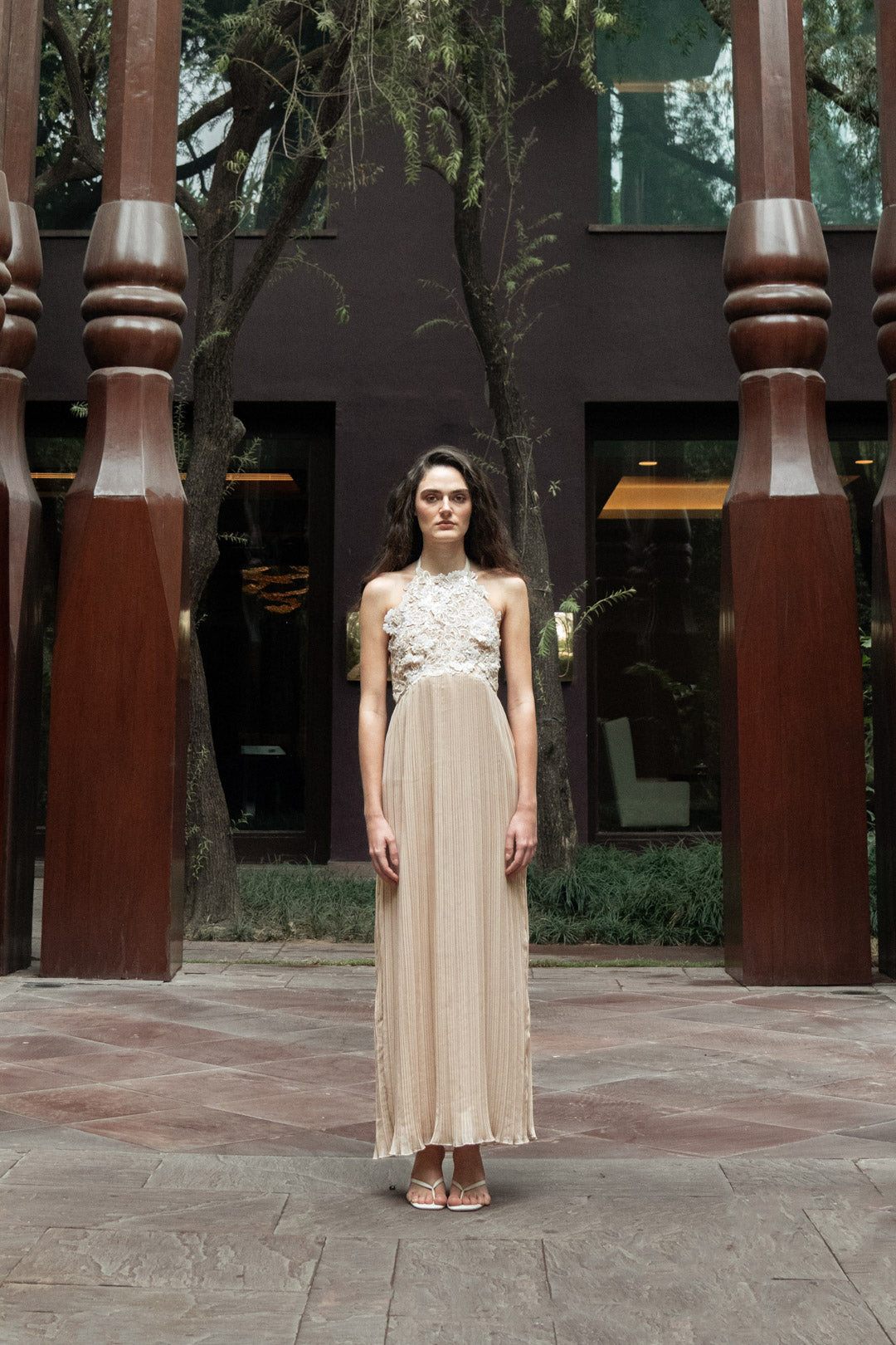 BEIGE HALTER PLEATED GOWN