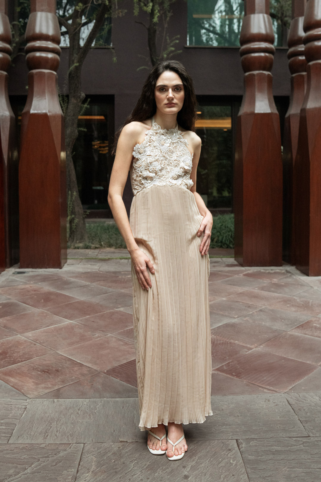 BEIGE HALTER PLEATED GOWN