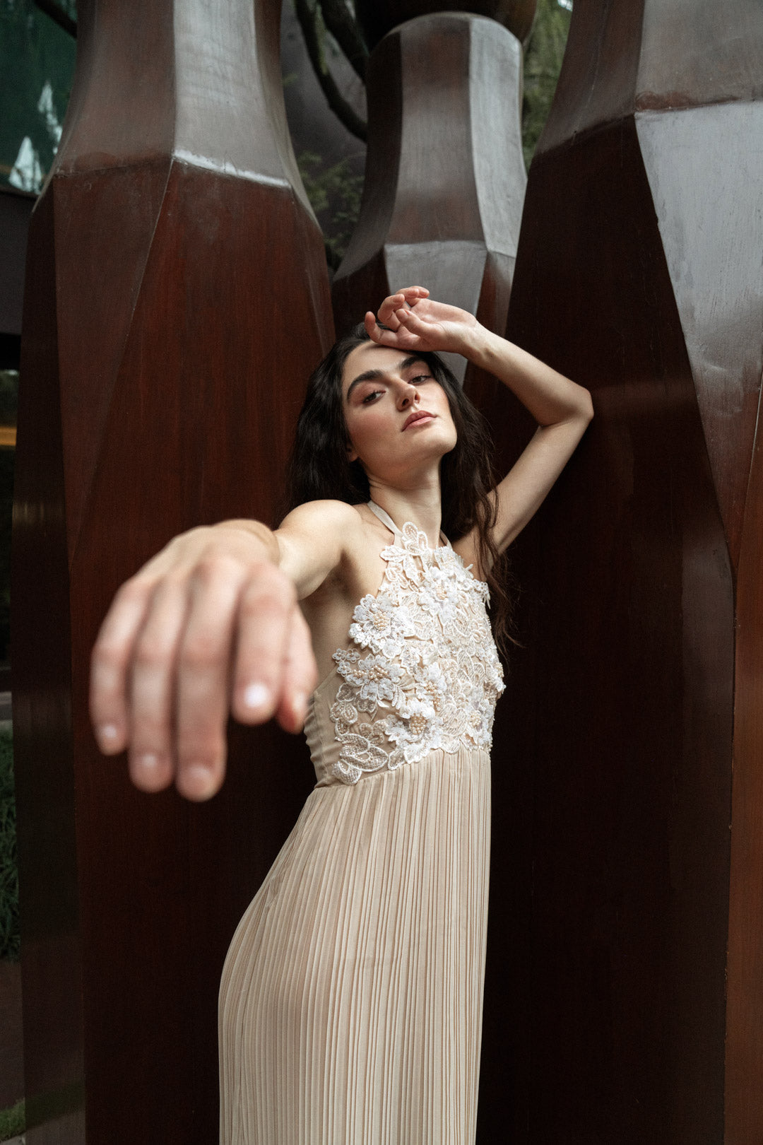 BEIGE HALTER PLEATED GOWN