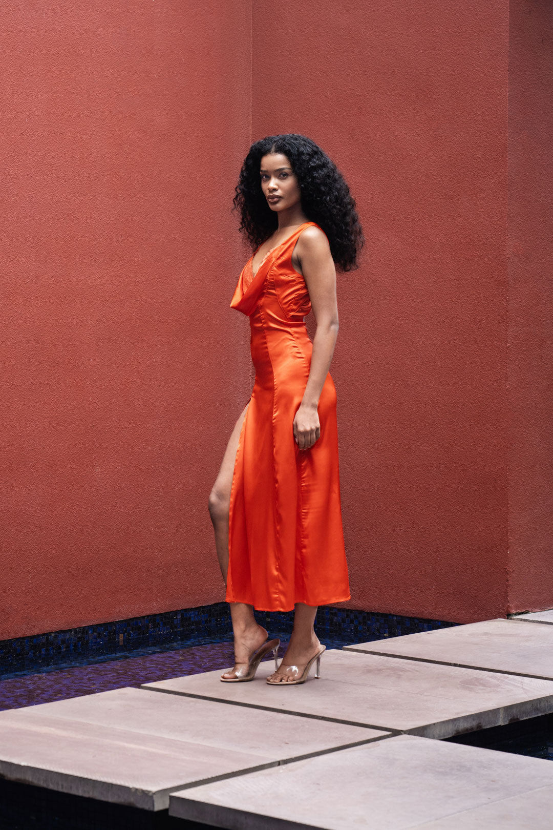 ORANGE SATIN MIDI DRESS WITH LACE AND COWL NECKLINE