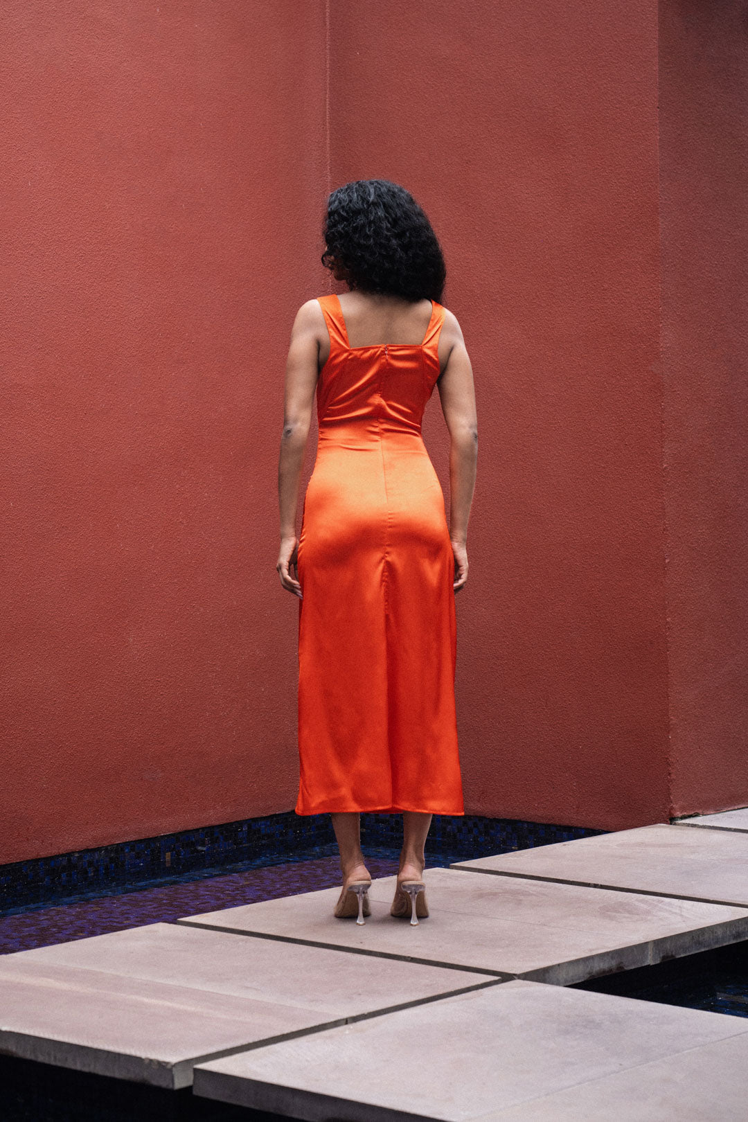 ORANGE SATIN MIDI DRESS WITH LACE AND COWL NECKLINE