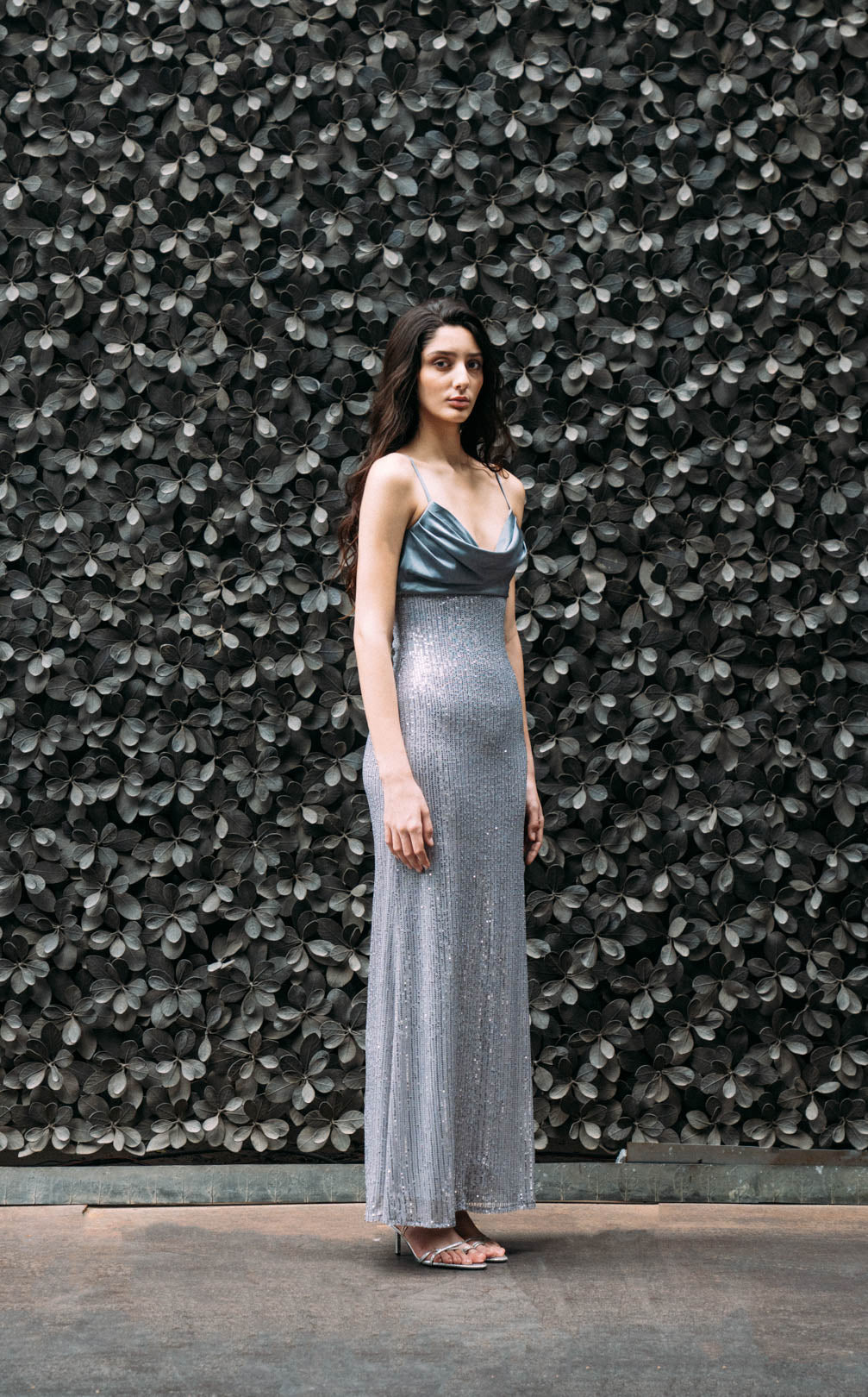 SILVER SEQUIN GOWN WITH DRAPED SATIN BODICE