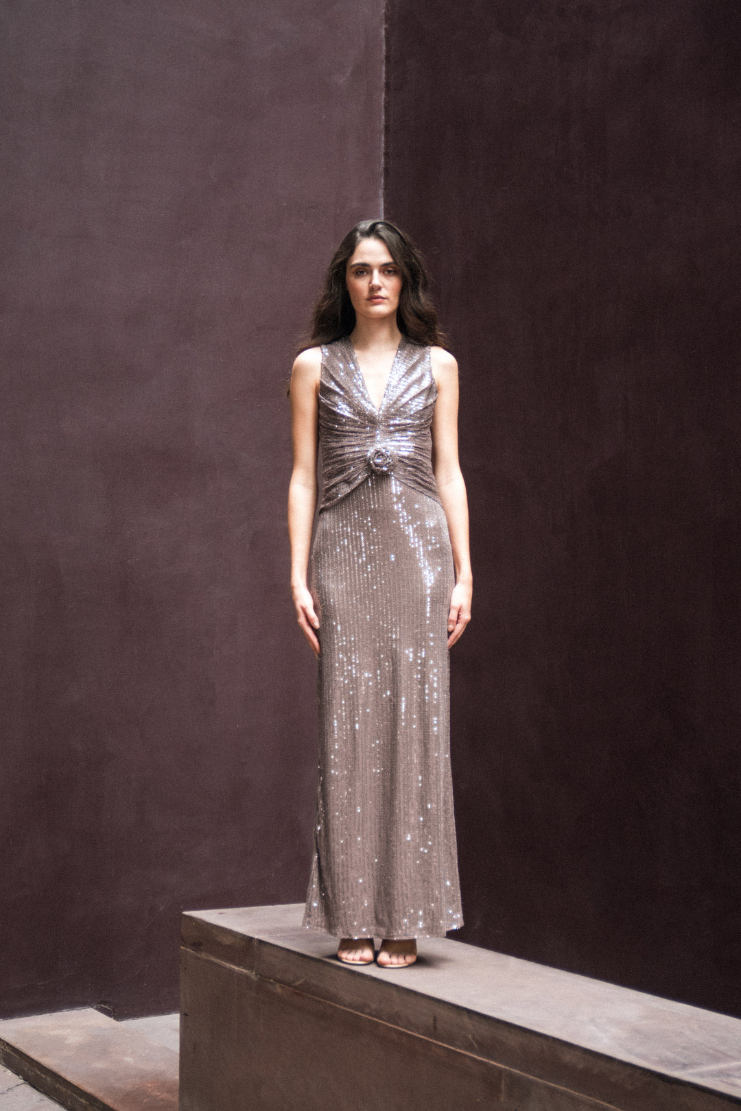 BROWN SLEEVELESS SEQUIN GOWN WITH KNOT DETAIL