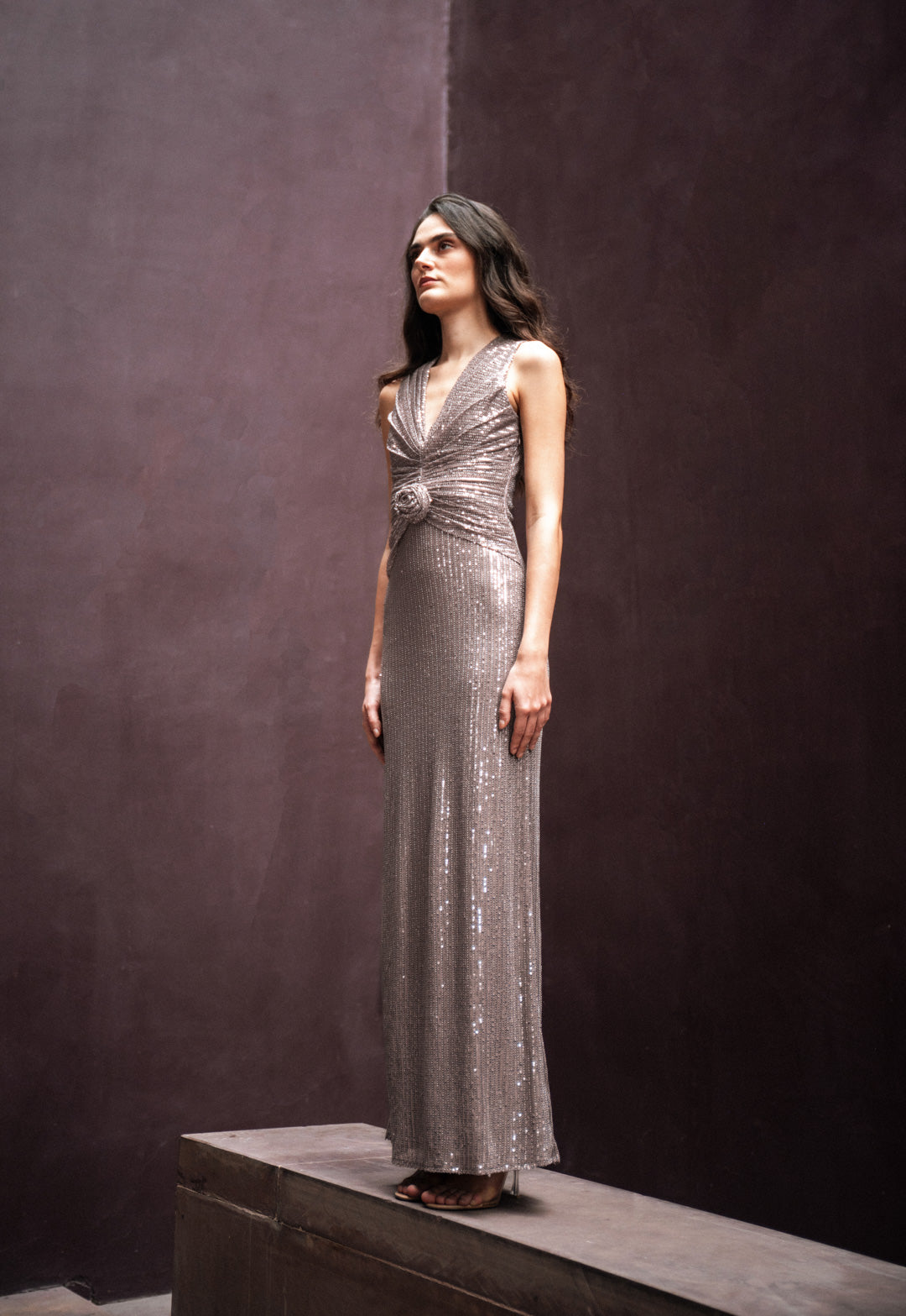 BROWN SLEEVELESS SEQUIN GOWN WITH KNOT DETAIL