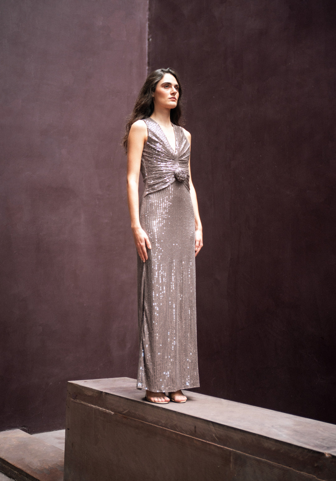 BROWN SLEEVELESS SEQUIN GOWN WITH KNOT DETAIL