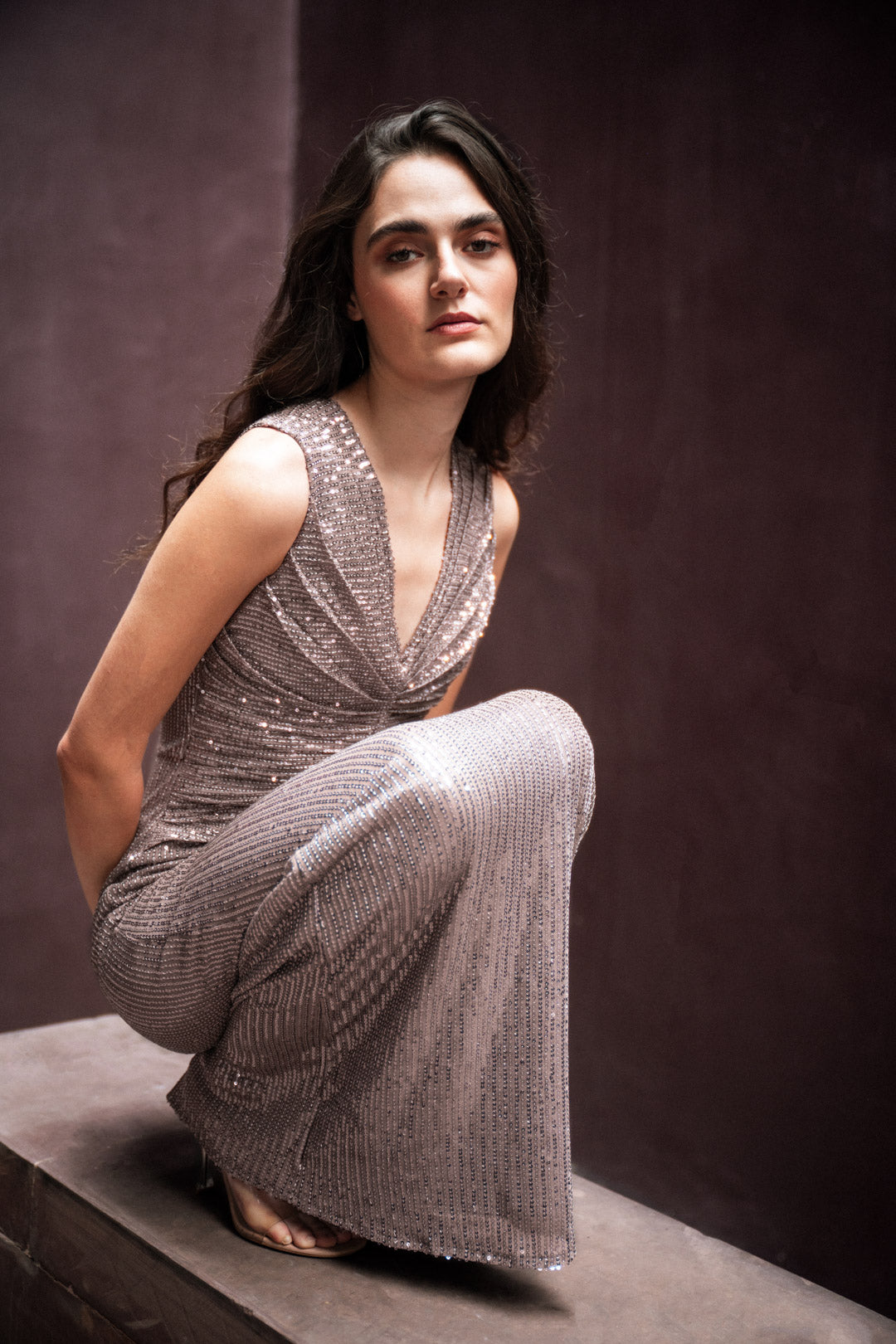 BROWN SLEEVELESS SEQUIN GOWN WITH KNOT DETAIL