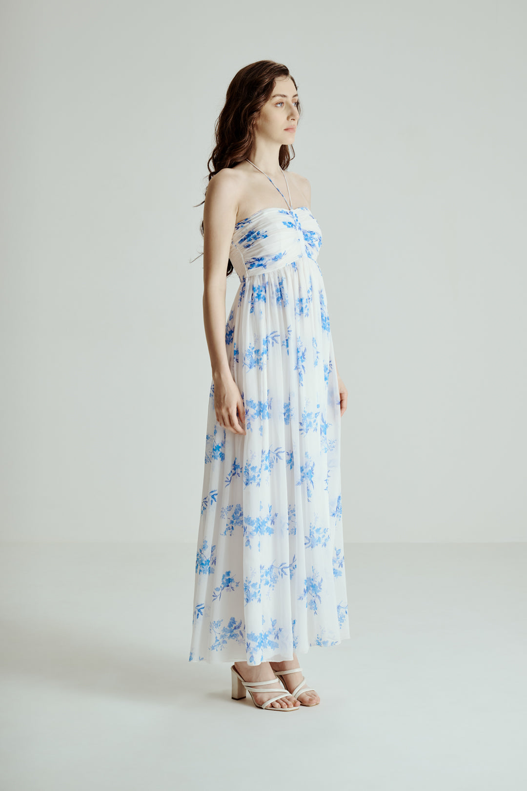 BLUE FLORAL PRINT MAXI DRESS WITH TIE STRAP