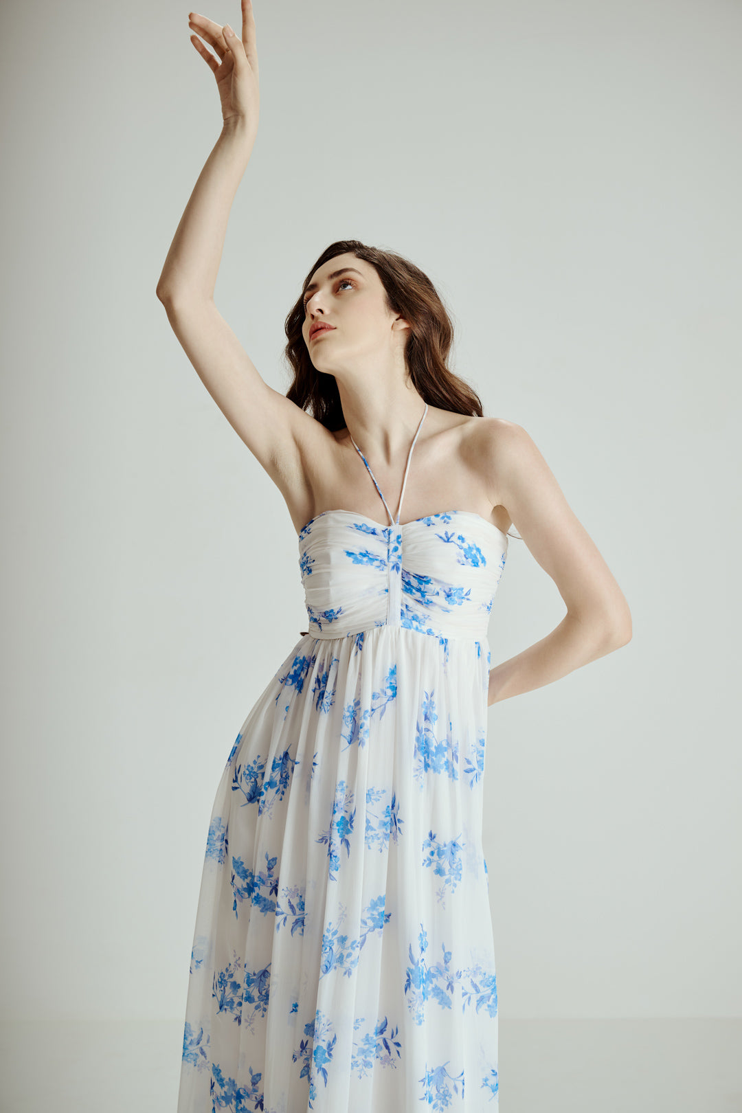BLUE FLORAL PRINT MAXI DRESS WITH TIE STRAP
