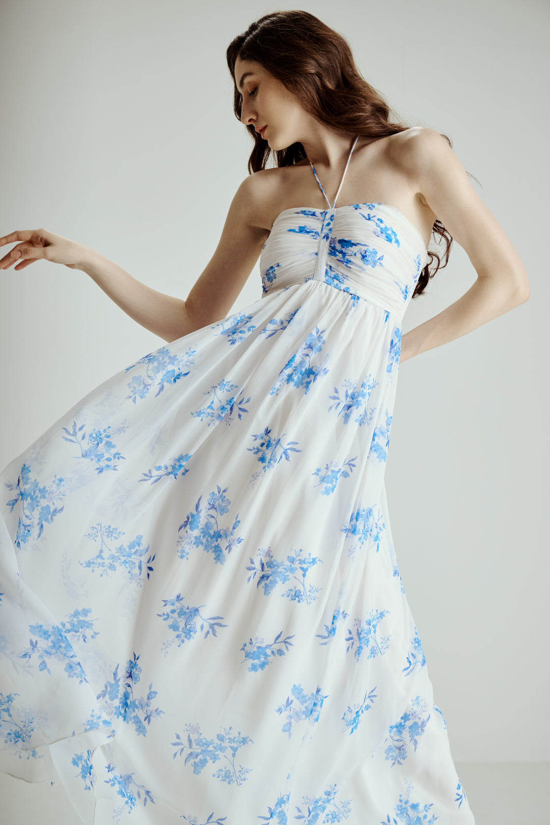 BLUE FLORAL PRINT MAXI DRESS WITH TIE STRAP