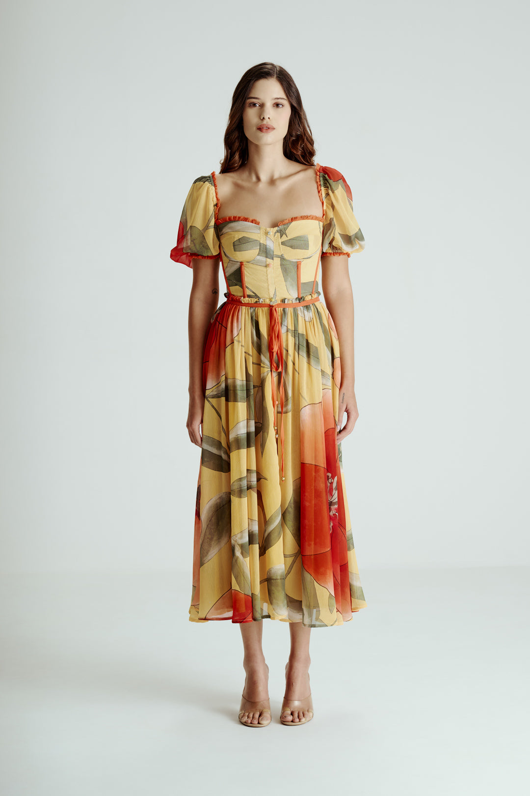 YELLOW PRINTED MIDI DRESS