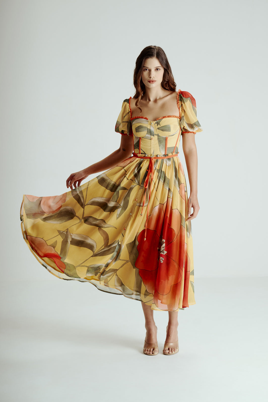 YELLOW PRINTED MIDI DRESS