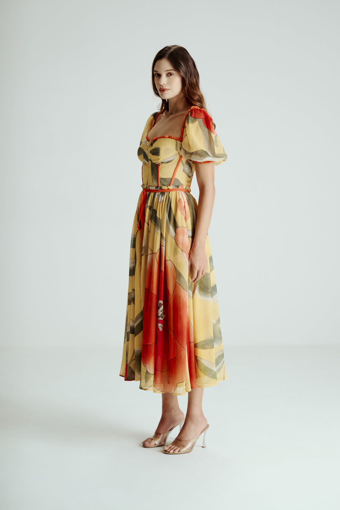 YELLOW PRINTED MIDI DRESS