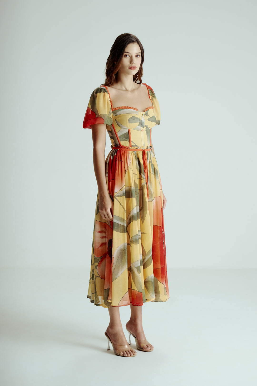 YELLOW PRINTED MIDI DRESS