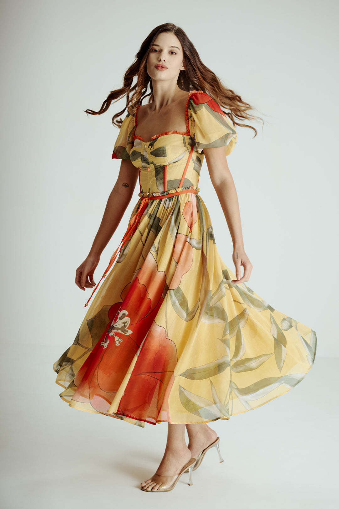YELLOW PRINTED MIDI DRESS