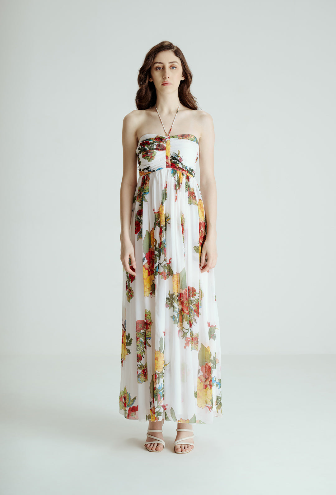 MULTICOLOR FLORAL PRINT MAXI DRESS WITH TIE STRAPS