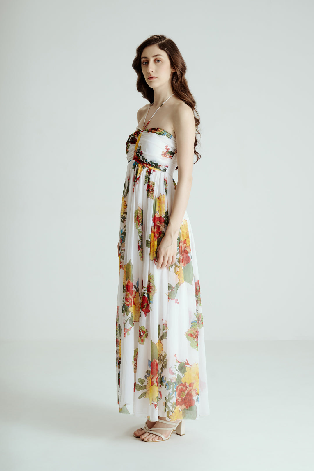 MULTICOLOR FLORAL PRINT MAXI DRESS WITH TIE STRAPS