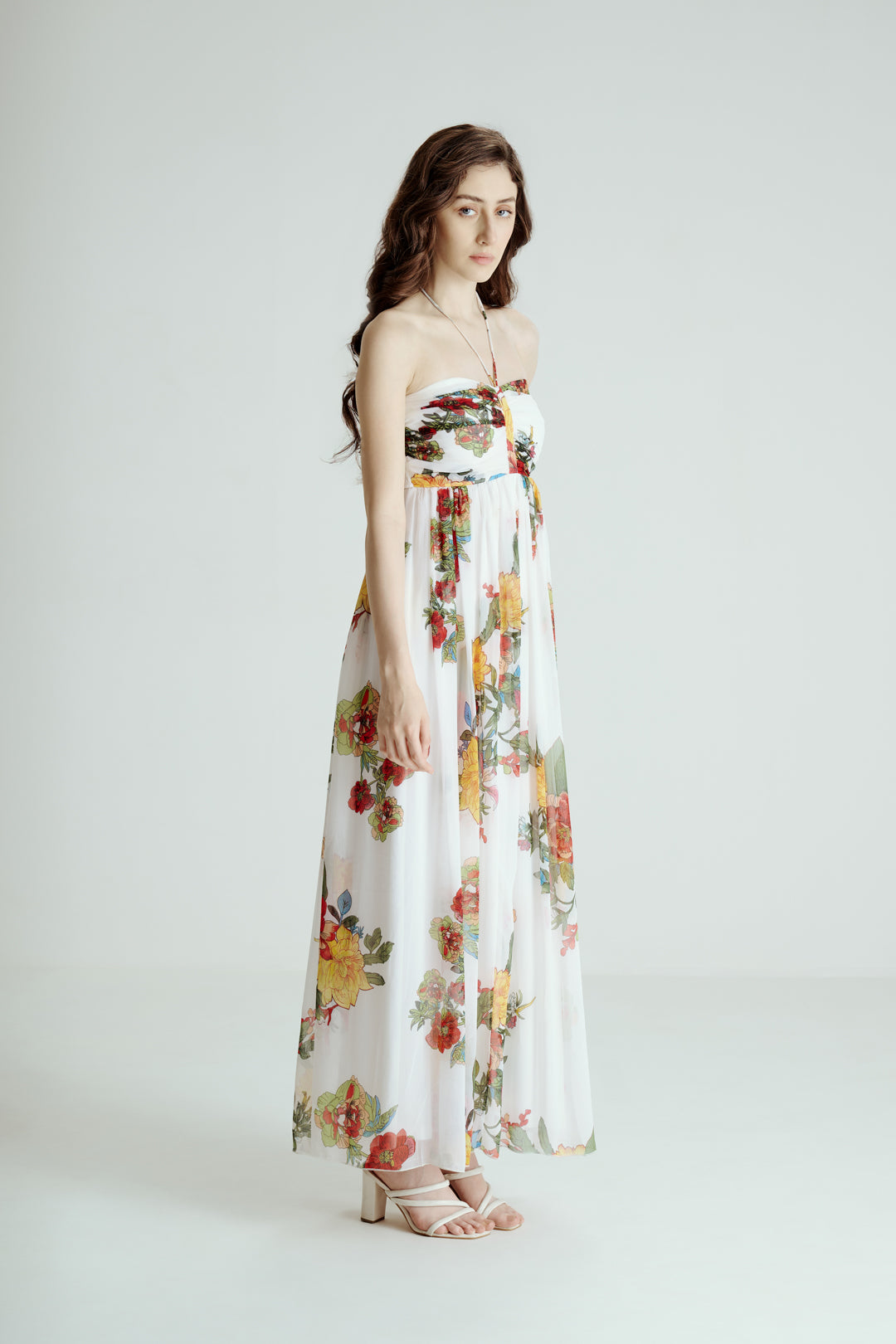 MULTICOLOR FLORAL PRINT MAXI DRESS WITH TIE STRAPS
