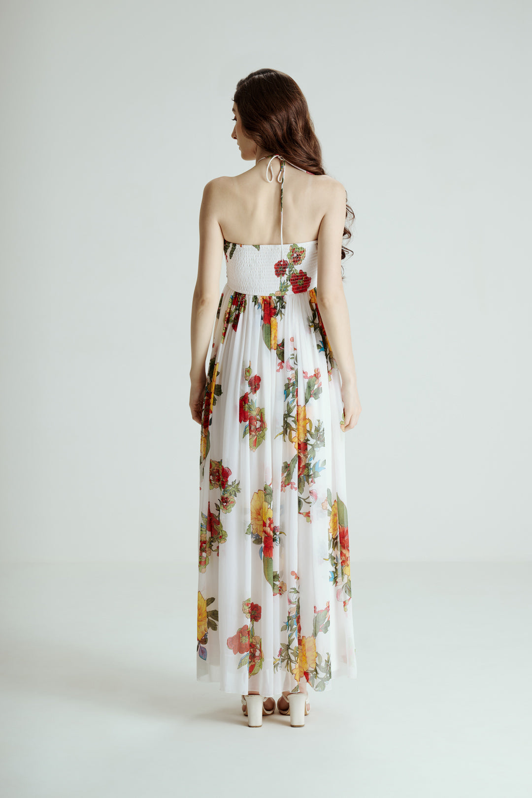 MULTICOLOR FLORAL PRINT MAXI DRESS WITH TIE STRAPS