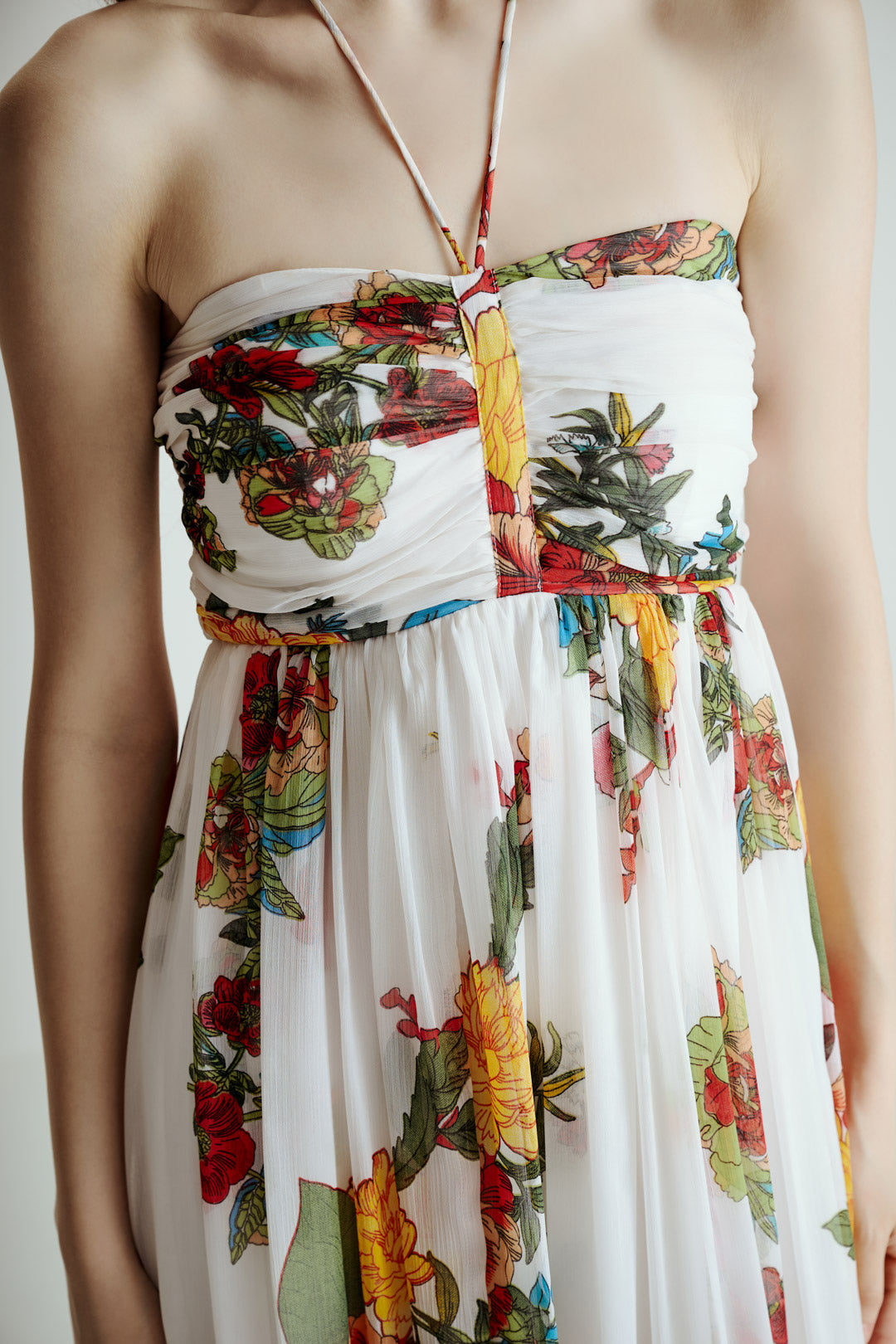 MULTICOLOR FLORAL PRINT MAXI DRESS WITH TIE STRAPS