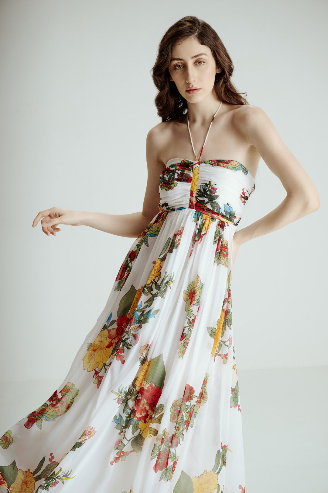 MULTICOLOR FLORAL PRINT MAXI DRESS WITH TIE STRAPS