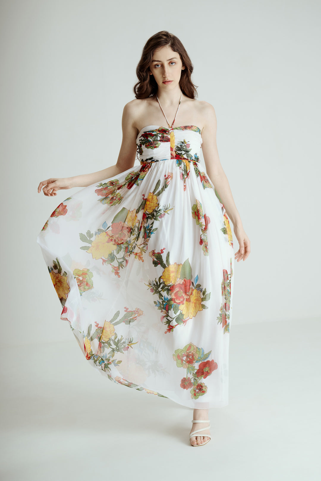 MULTICOLOR FLORAL PRINT MAXI DRESS WITH TIE STRAPS