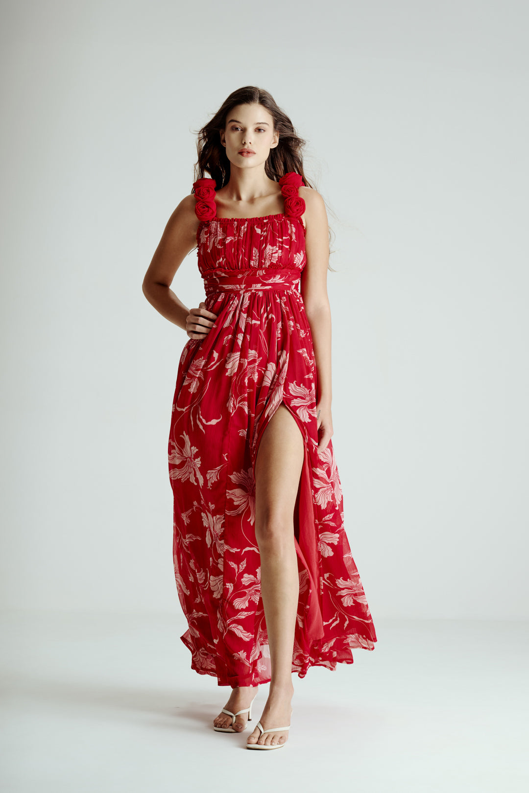 PINK FLORAL DRAPE SLIT GOWN