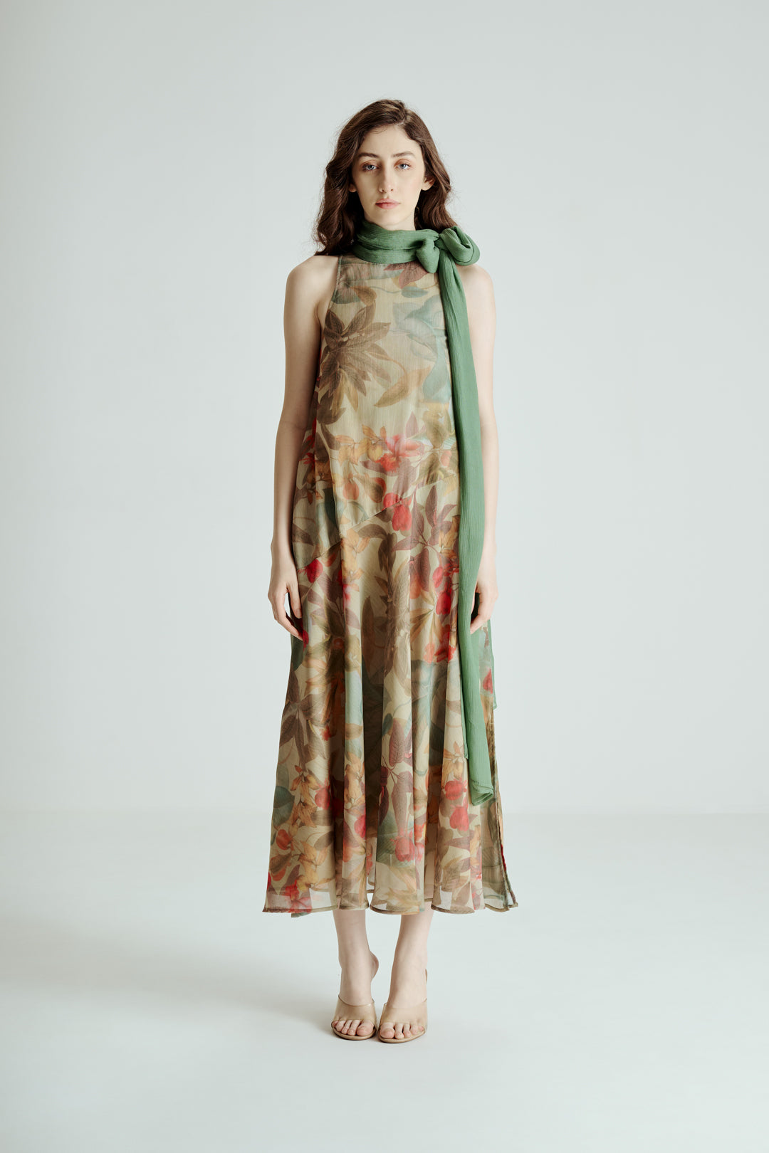 HALTER NECK BOTANICAL PRINT MIDI DRESS