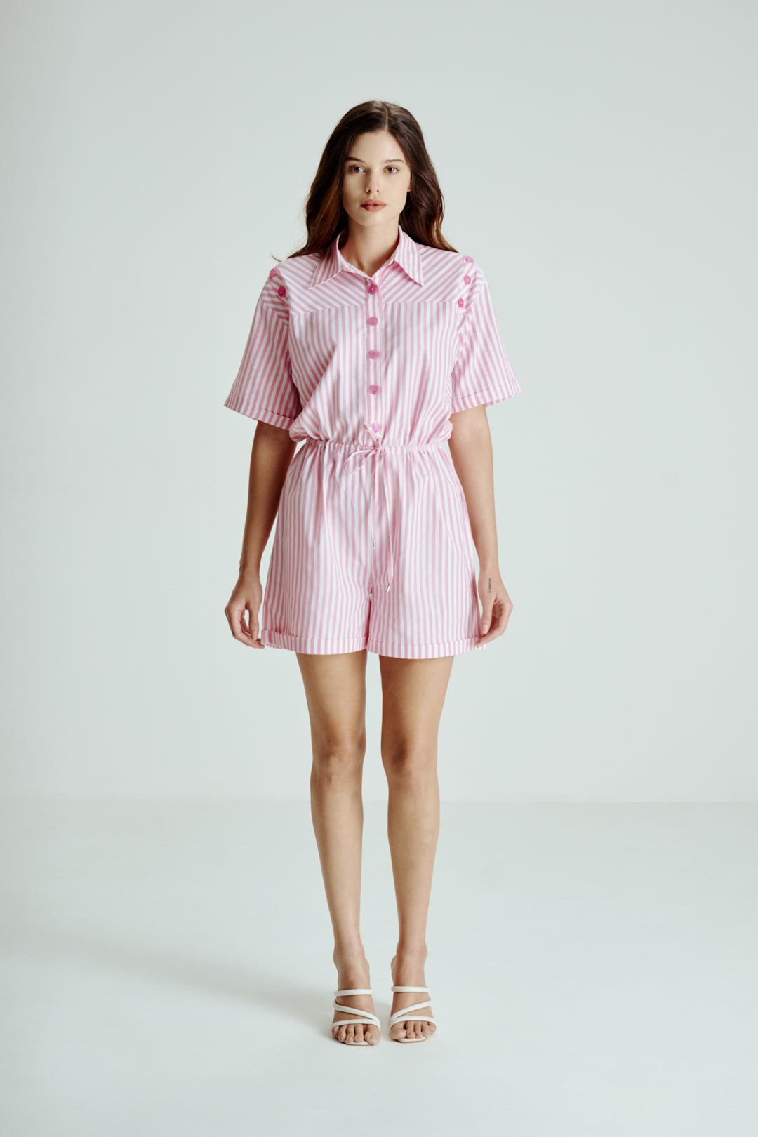 PINK STRIPED BUTTON DOWN ROMPER