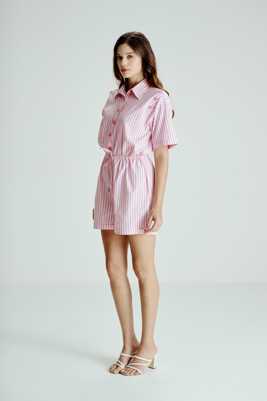 PINK STRIPED BUTTON DOWN ROMPER