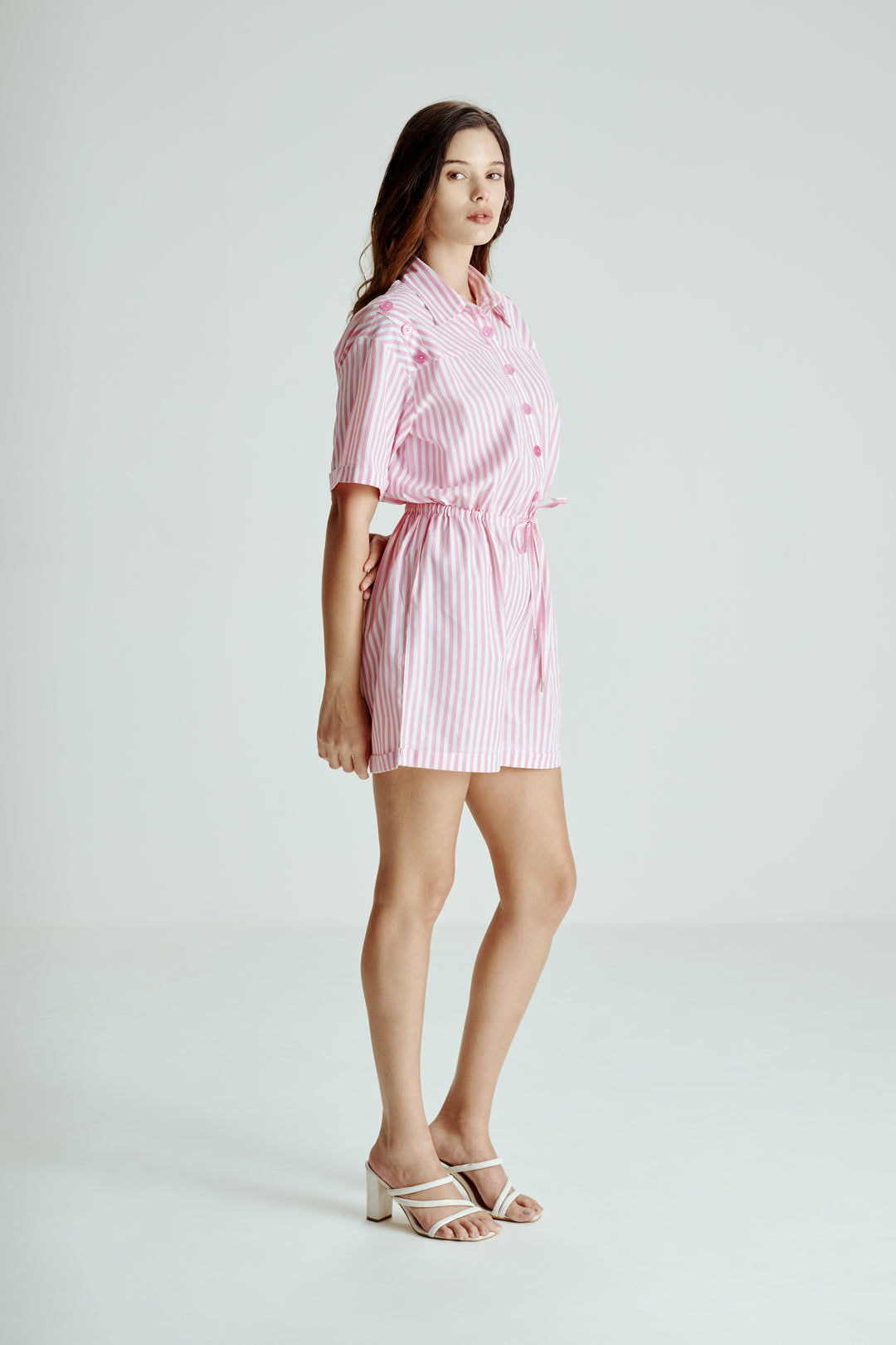 PINK STRIPED BUTTON DOWN ROMPER