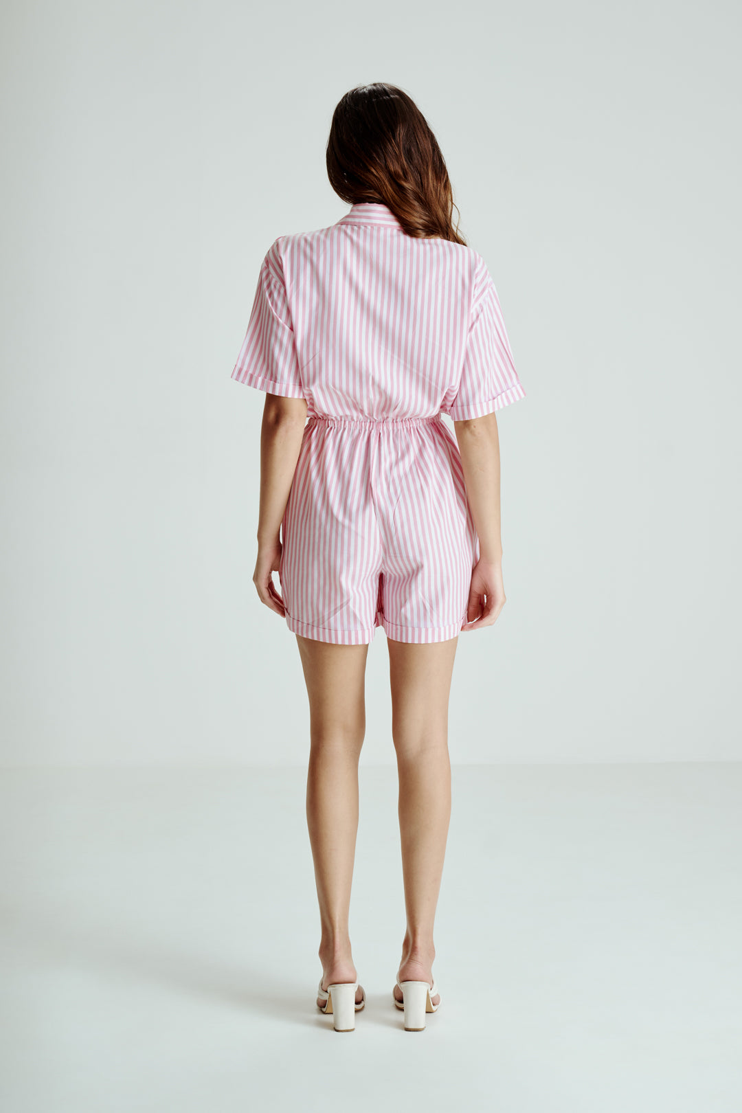 PINK STRIPED BUTTON DOWN ROMPER