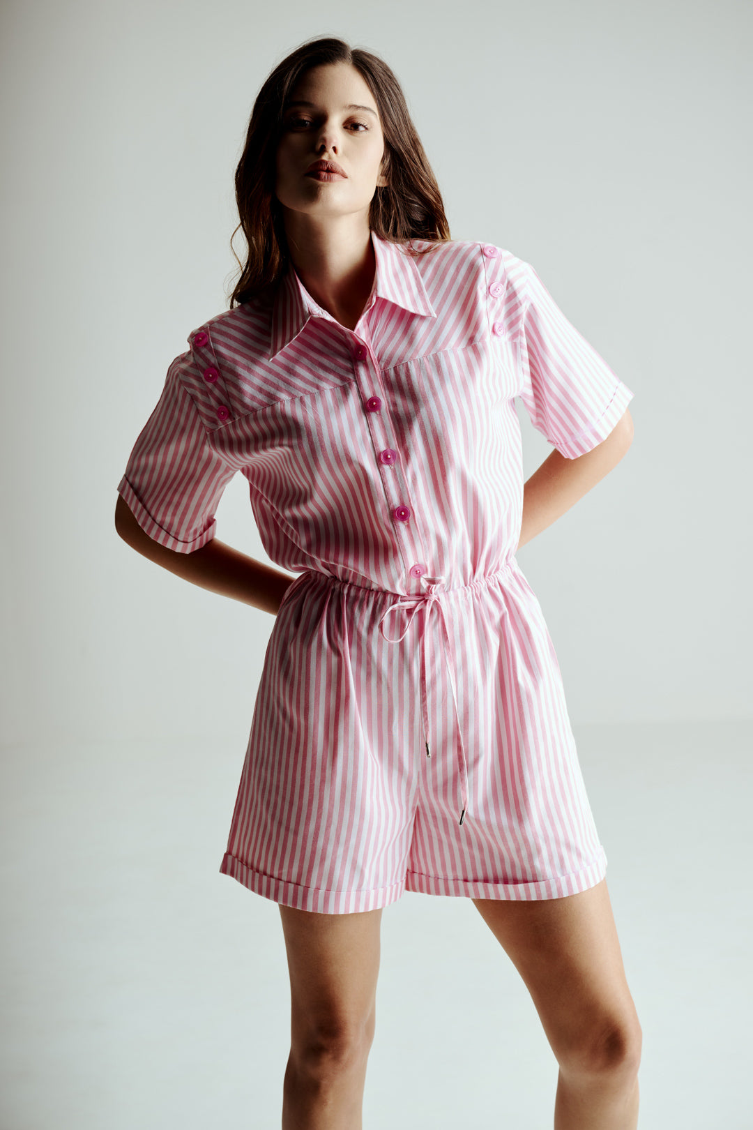 PINK STRIPED BUTTON DOWN ROMPER