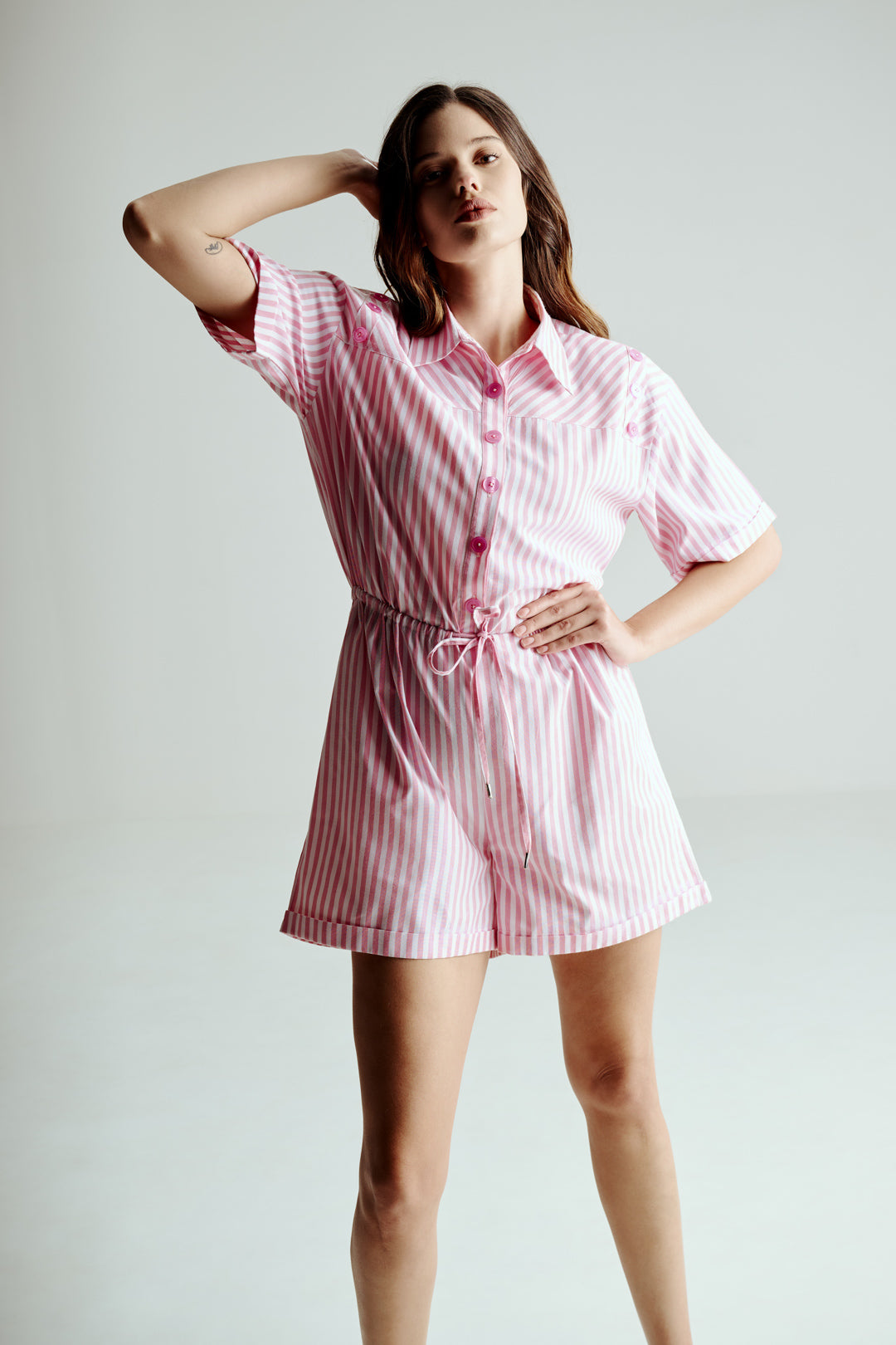PINK STRIPED BUTTON DOWN ROMPER