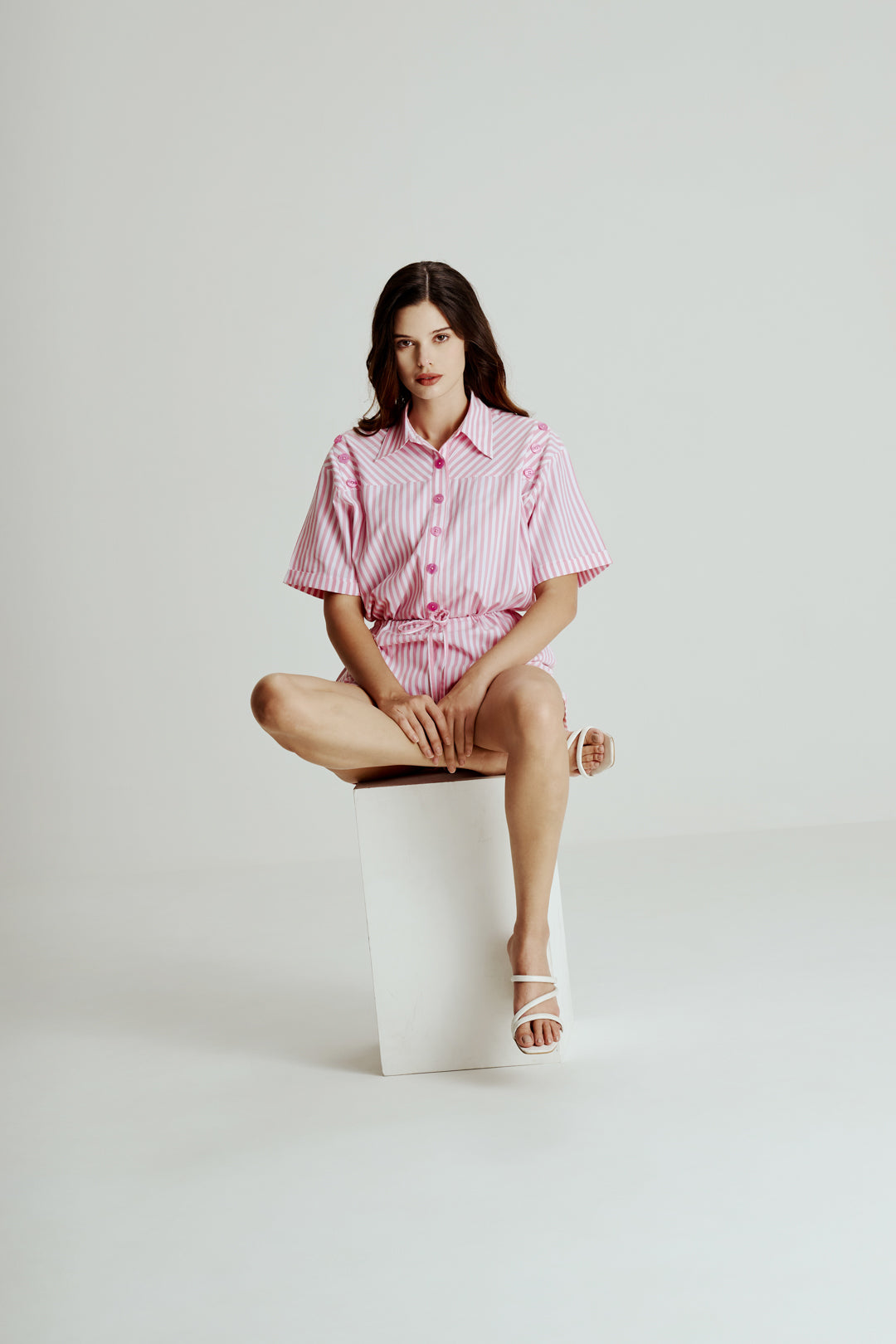 PINK STRIPED BUTTON DOWN ROMPER