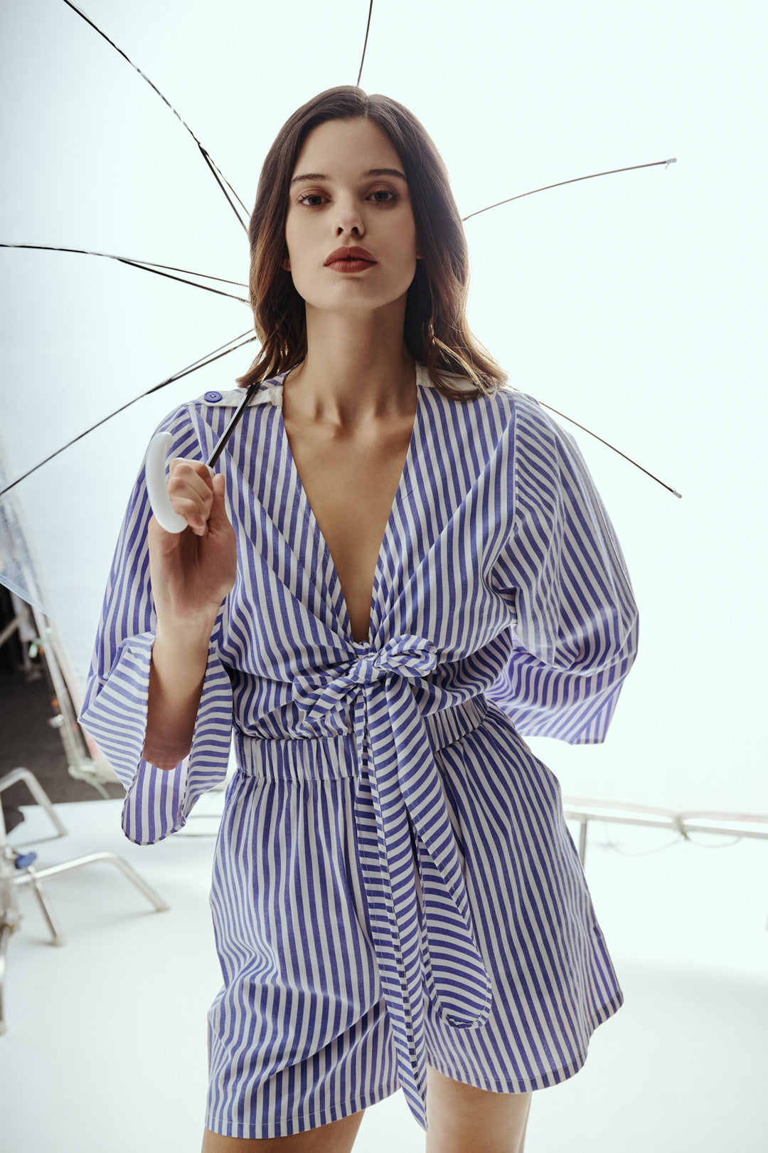 BLUE STRIPED TIE-FRONT ROMPER