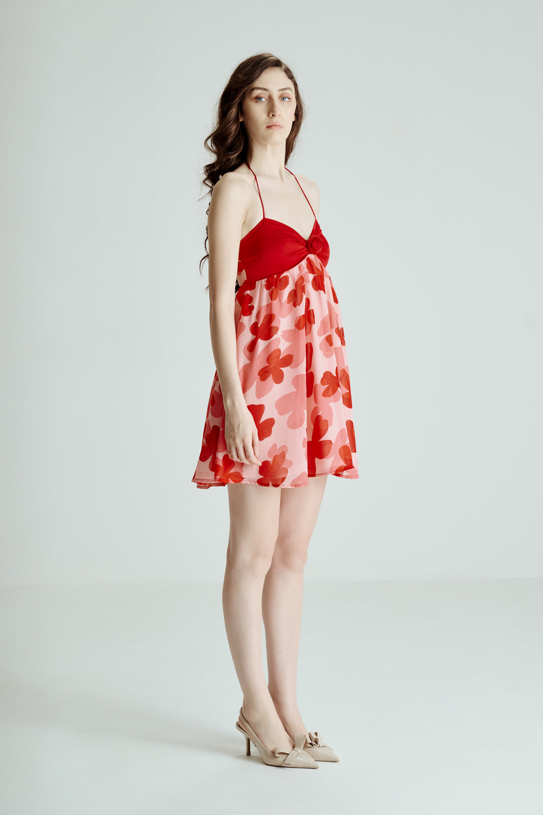 RED FLORAL HALTER MINI DRESS