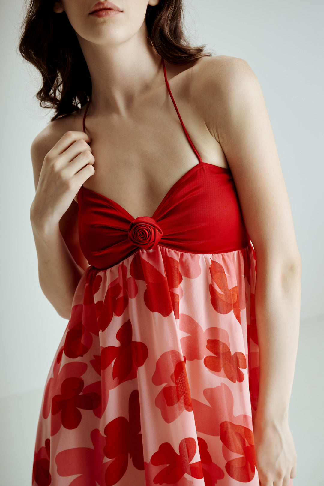 RED FLORAL HALTER MINI DRESS