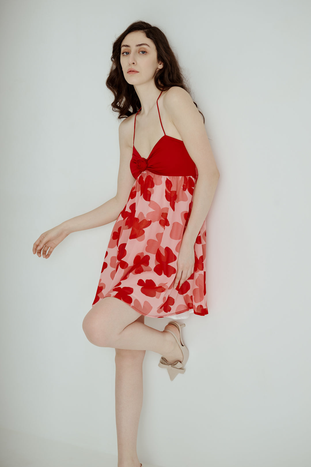 RED FLORAL HALTER MINI DRESS
