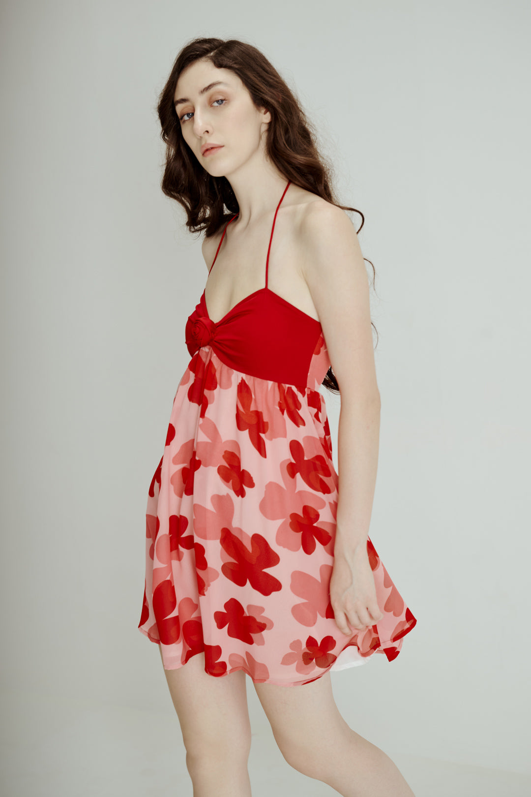 RED FLORAL HALTER MINI DRESS