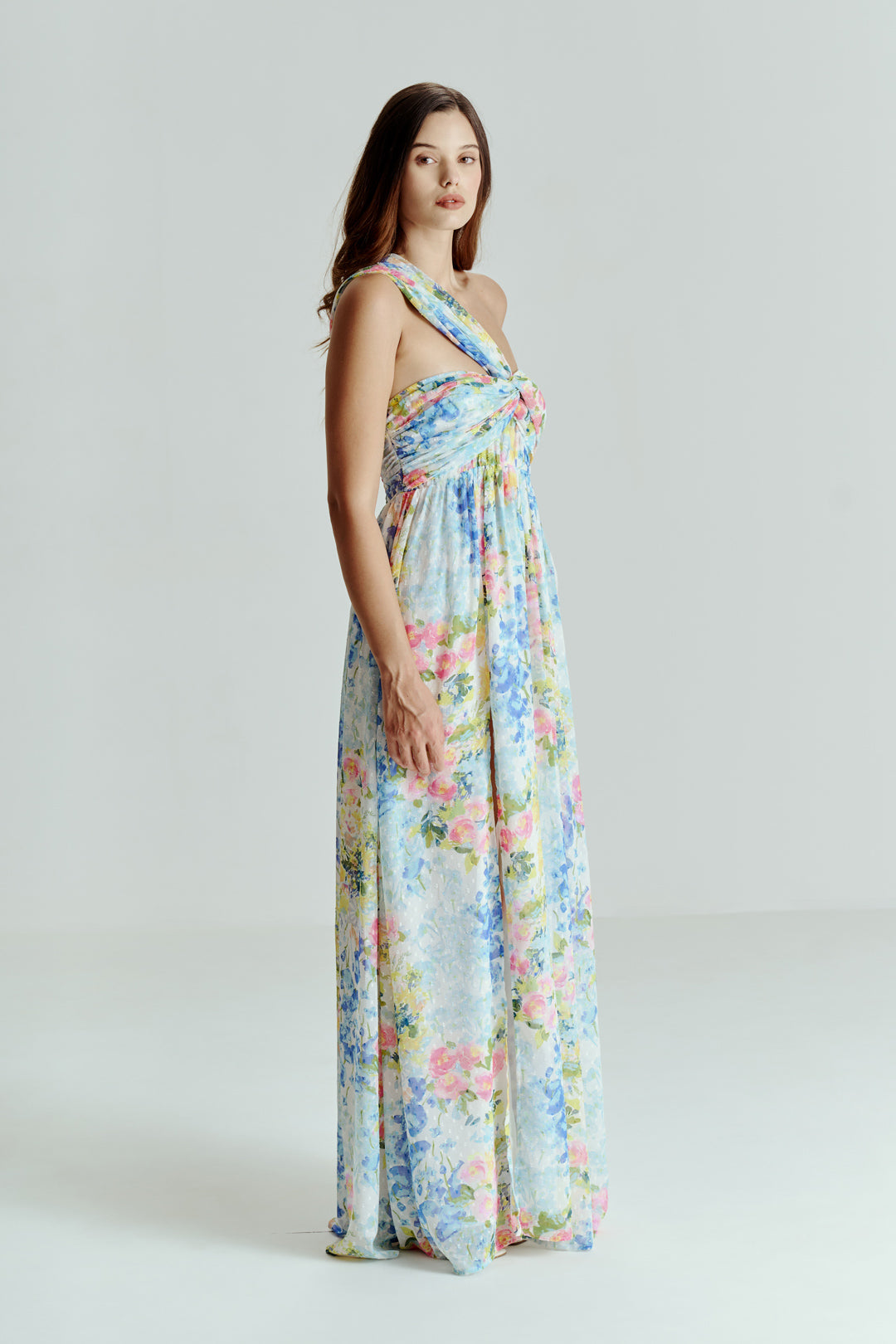 ABSTRACT FLORAL ONE SHOULDER DRAPE DRESS