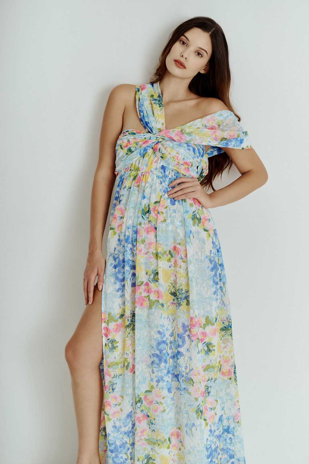 ABSTRACT FLORAL ONE SHOULDER DRAPE DRESS
